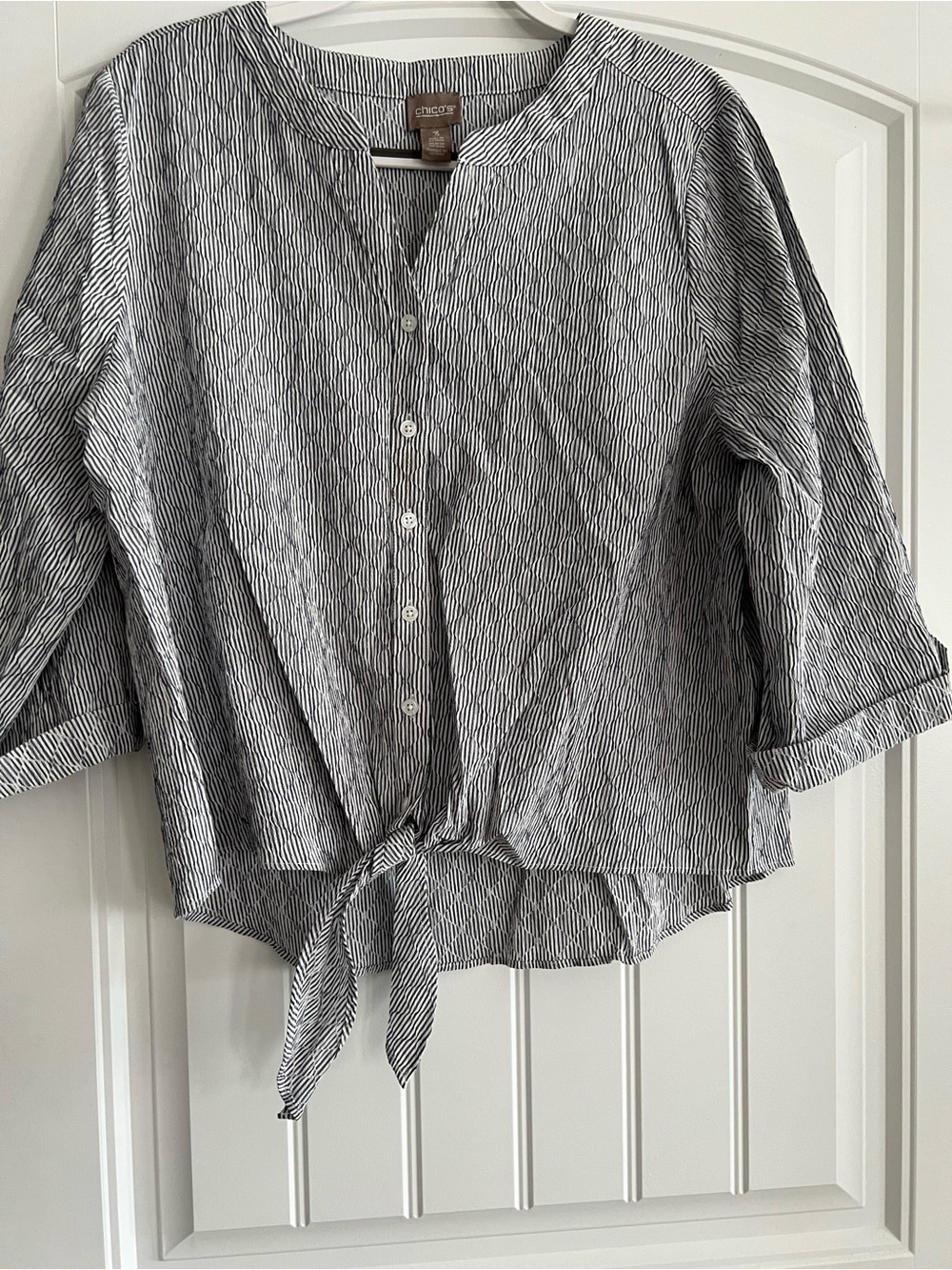 Chico's Black and White Striped Button-Front Shirt - Picture 3 of 3